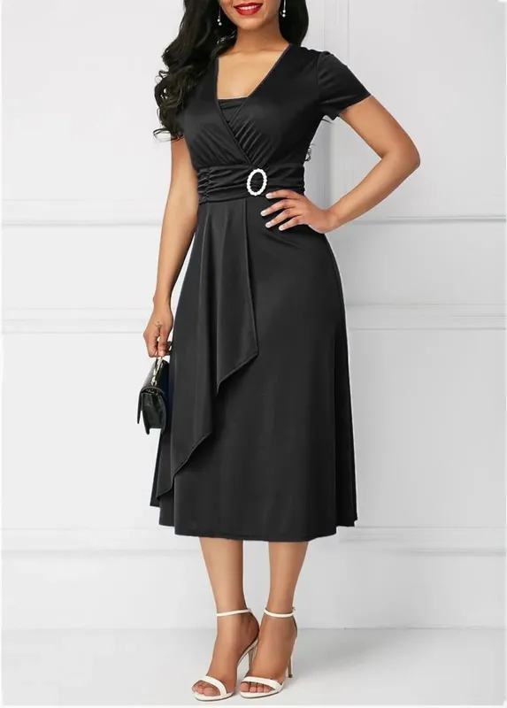 Elegant Women Solid Color Short Sleeve V Neck Asymmetric Hem Waist Tight Midi Party Dress Ladies Evening Vestidos DF4916 — image 10