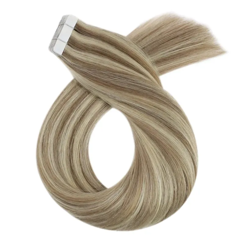 Moresoo Human Hair Extensions Tape in Invisible Balayage Hair Extensions 50G Machine Remy Straight Tape in Natural Straight Hair