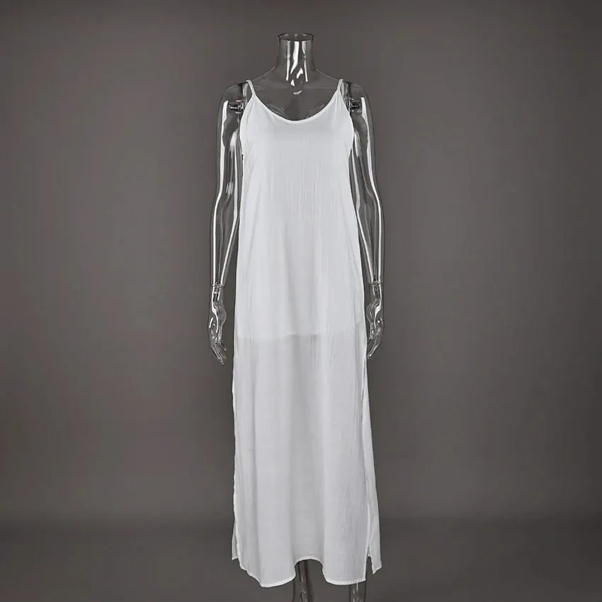 Linad Summer Casual White Long Dress Sexy Loose Backless Split Dresses Woman Street Chic V Neck Straight Dress For Women 2025 — image 5