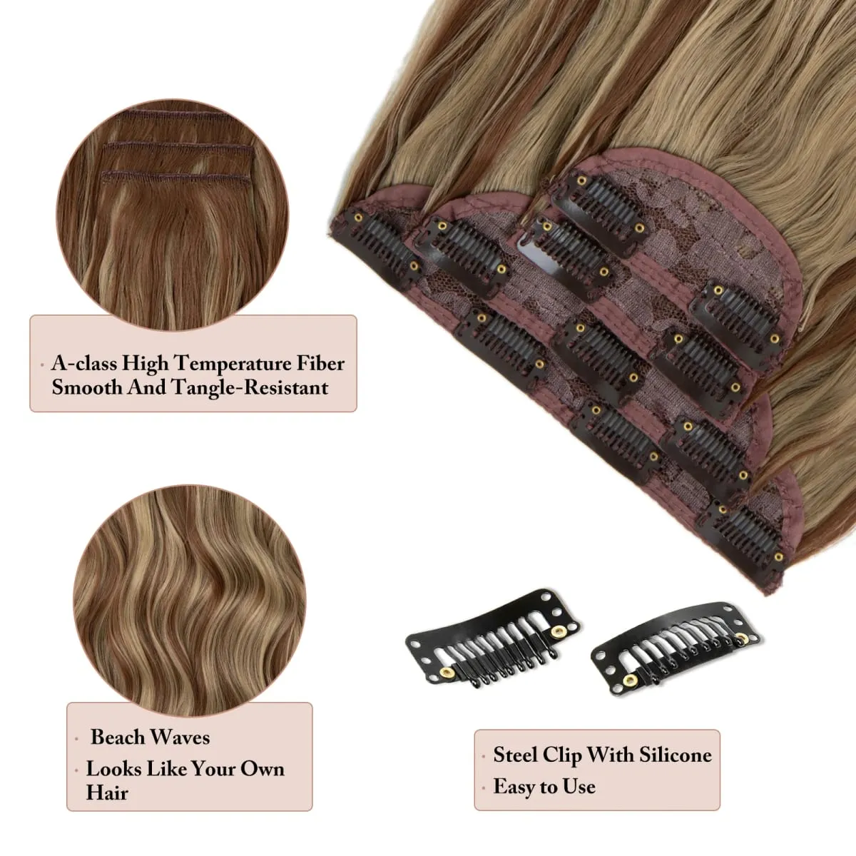 22" 4pcs/set Synthetic Clip In Hair Extensions Elegant Long Wavy Thick Hairpiece Daily Use Brown Blonde Natural Fake Hair — image 6