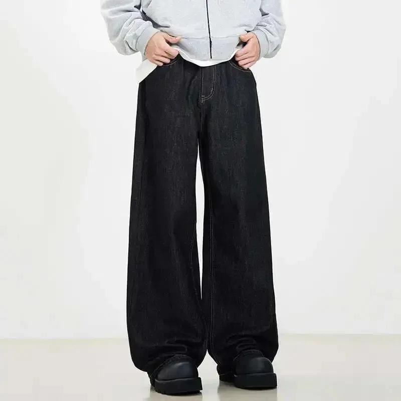 Simple Men's Denim Pants Vintage Washing Wide Leg Loose Jeans Casual Straight American Style Male Trousers New 2026 9W190