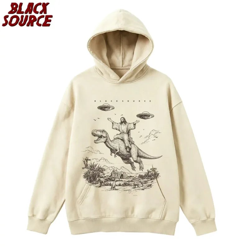 T075 Cartoon Dinosaur Print Hoodie, Women's Unisex Vintage Pullover Sweatshirt, Casual Distressed Design for Daily Wear — image 14