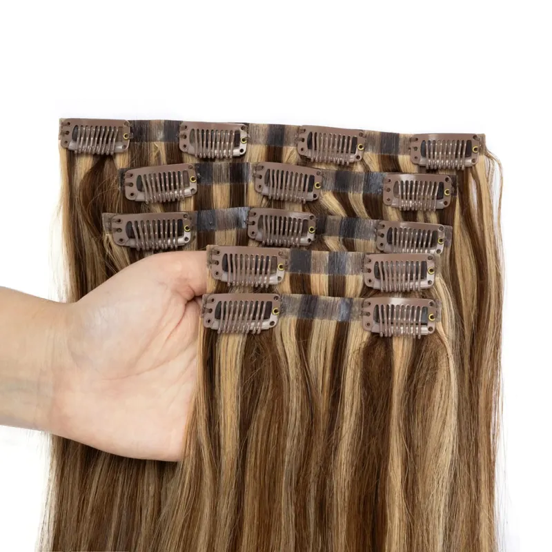 Bezešvé PU prodlužování vlasů Clip In Skutečné přírodní Neviditelné PU pásky Útkové Clip Ins Stroj Remy 12-24inch Invisible Clip Ins 7PCS