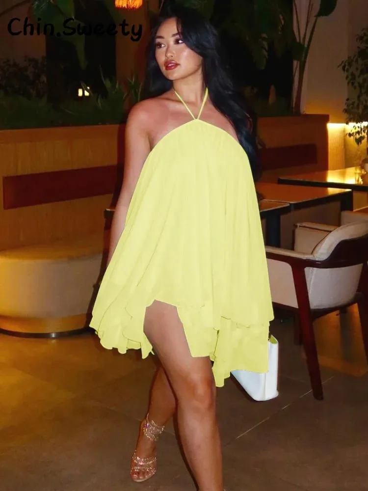 Elegant Halter Ruffles Short Dress Women Loose Solid Strapless Sleeveless Backless Dresses 2026 Spring Lady Beach Vacation Robes — image 5