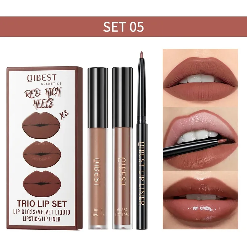 Matte Liquid Lipstick&Lip Liner&Lip Gloss 3Pcs Sets Long Lasting Non-stick Cup Red Black Purple Lip Tint Cosmetics Kits — image 14