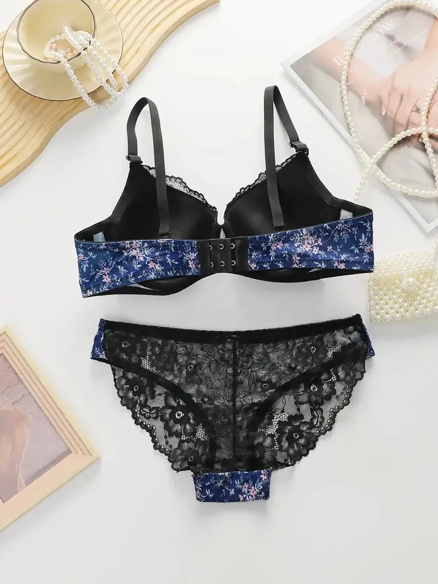 Women's Sexy Printed Lace Edge Bra Set With Steel Ring Gathering Push Up Daily Close Fitting Underwear Set B6016 — image 2