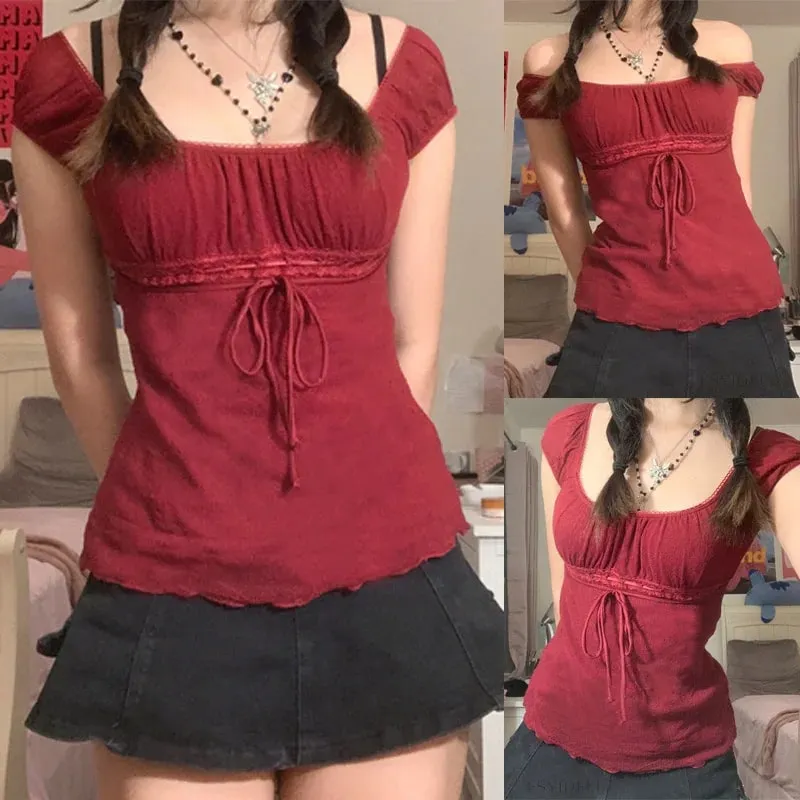 2000s Aesthetic Sweet Lace Tops Women Off Shoulder Drawstring T-shirt Korean Fashion Female Tee Fairy Grunge Streetwear — image 8