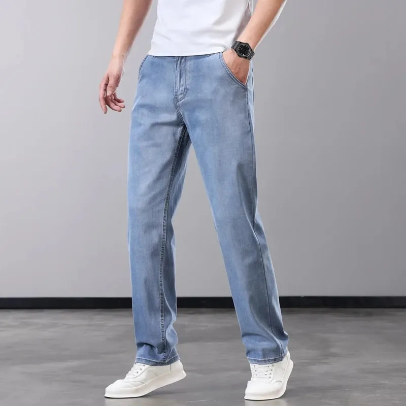 Summer Thin Men's Jeans Lyocell Fabric Soft Breathable Straight Denim Pants Brand Man Elastic Ice Silk Casual Trousers Grey Blue — image 4