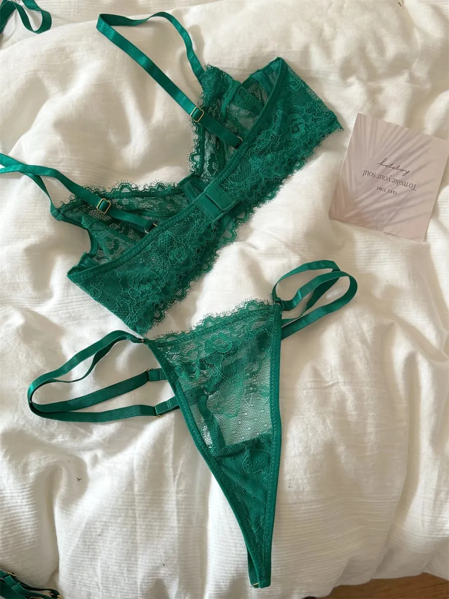 Lace mesh thin section lingerie large breast underwear sexy lace bra set women breathable green romantic bralette — image 4