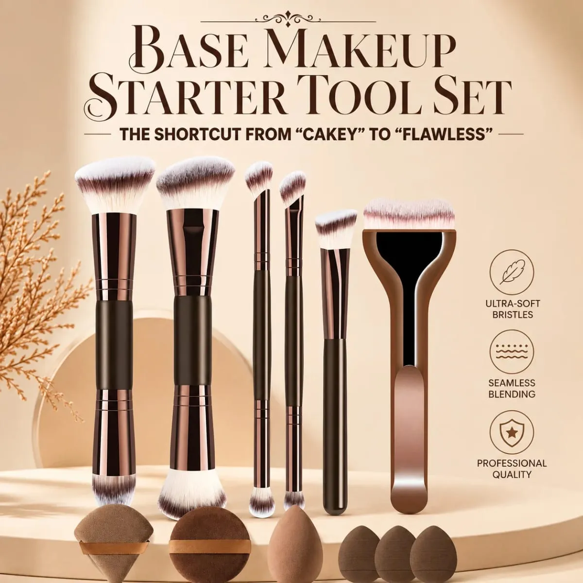 12-delat sminkborsteset med 6 platta och runda borstar och 6 svampar för Foundation Powder Blush och ögonskugga — image 3