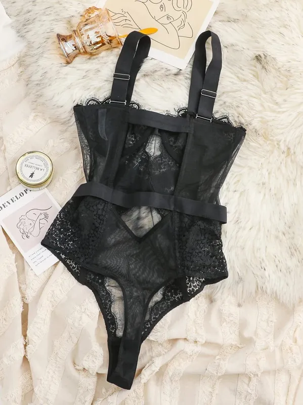 With bra integrated sexy ultra-thin transparent hollow body shaping coat female lace underwear women bodysuit — image 2