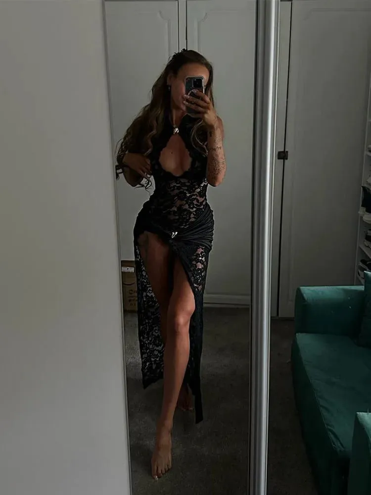 Lace Dresses For Women Fashion Sexy Elegant Solid Sleeveless Tank Hollow Out O-Neck High Side Split Slim Fit Long Vestidos Robes — image 4