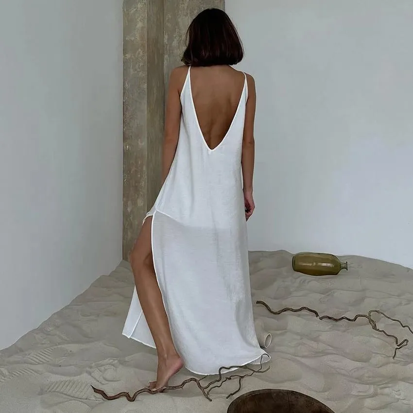 Linad Summer Casual White Long Dress Sexy Loose Backless Split Dresses Woman Street Chic V Neck Straight Dress For Women 2025 — image 2