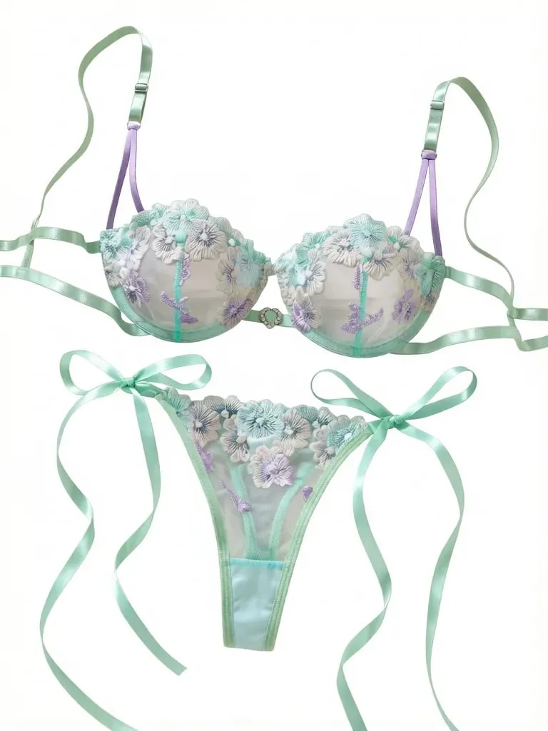 Ensemble de soutien-gorge en dentelle brodé de fleurs pour femmes, avec armatures, maille transparente, culotte à nœud latéral, Lingerie romantique, tailles S-XL — image 1