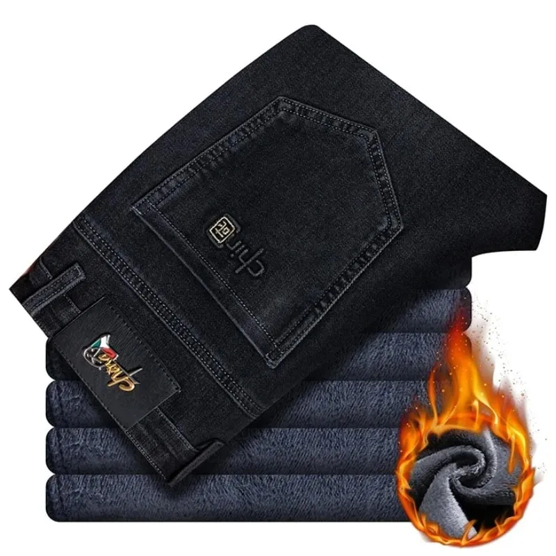 Winter Fleece Warm Men's Jeans Straight Stretch Classic Business Casual Thicken Denim Trousers Washed Fashion Velvet Male Pants