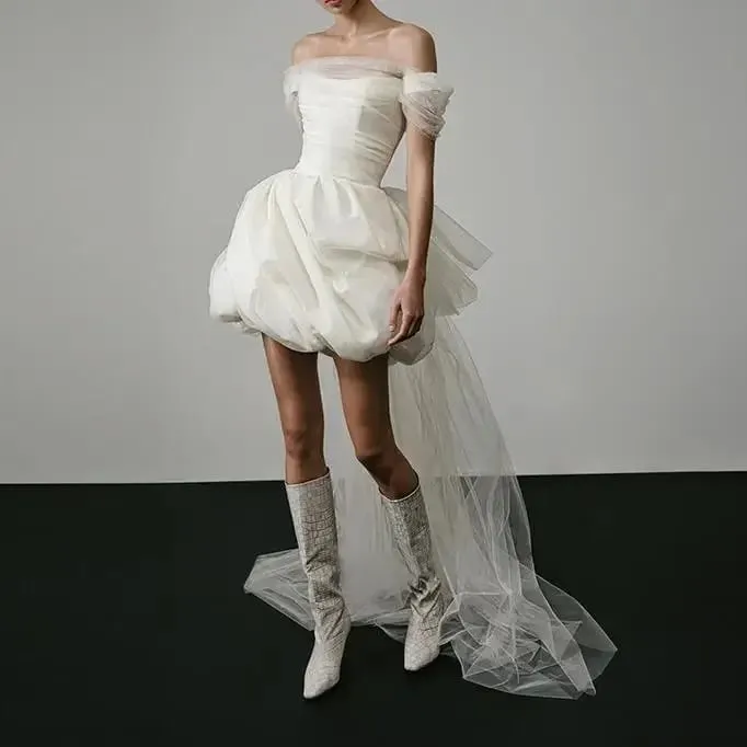 Nové elegantní lehké svatební šaty pro ženy Bílé sexy svatební minišaty se síťovinou na konci Svatební luxusní party vestidos — image 6