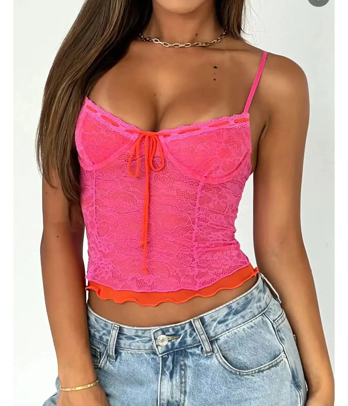 Captivating New Hotsweet Fairycore Women Y2k Lace Camisole Spaghetti Straps Tie-up Patchwork Slim Fit Summer Tops Clubwear — image 2