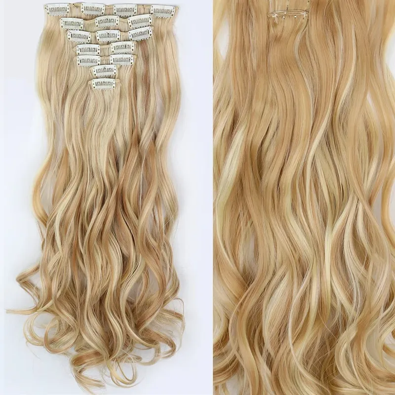 16 Clips 7Pcs/Set Hair Extensions Long Wavy Hairstyle Natural Synthetic Black Blonde Hairpieces Heat Resistant For Women — image 22