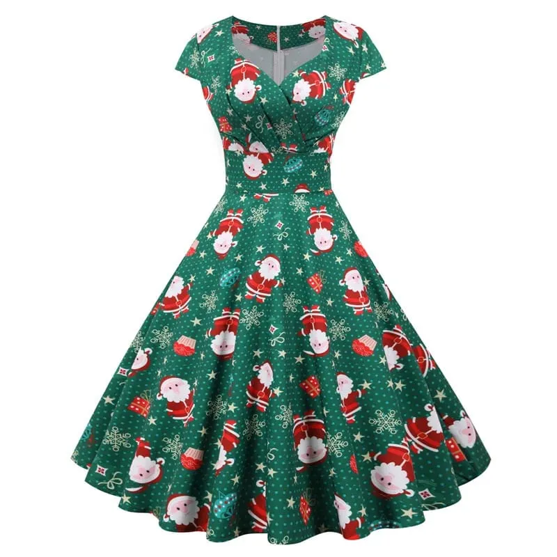 Mode V-ausschnitt Kurzarm Gedruckt Weihnachten Kleid Große Schaukel Vintage Elegante Weihnachten Party Kleid