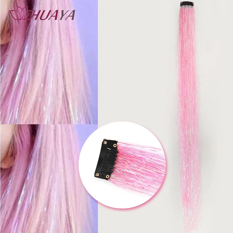 Synthetic Multicolor Colorful Sparkle Clip in Hair Tinsel Strands Long Straight Hair Extensions Blue Silver Highlight Hairpieces