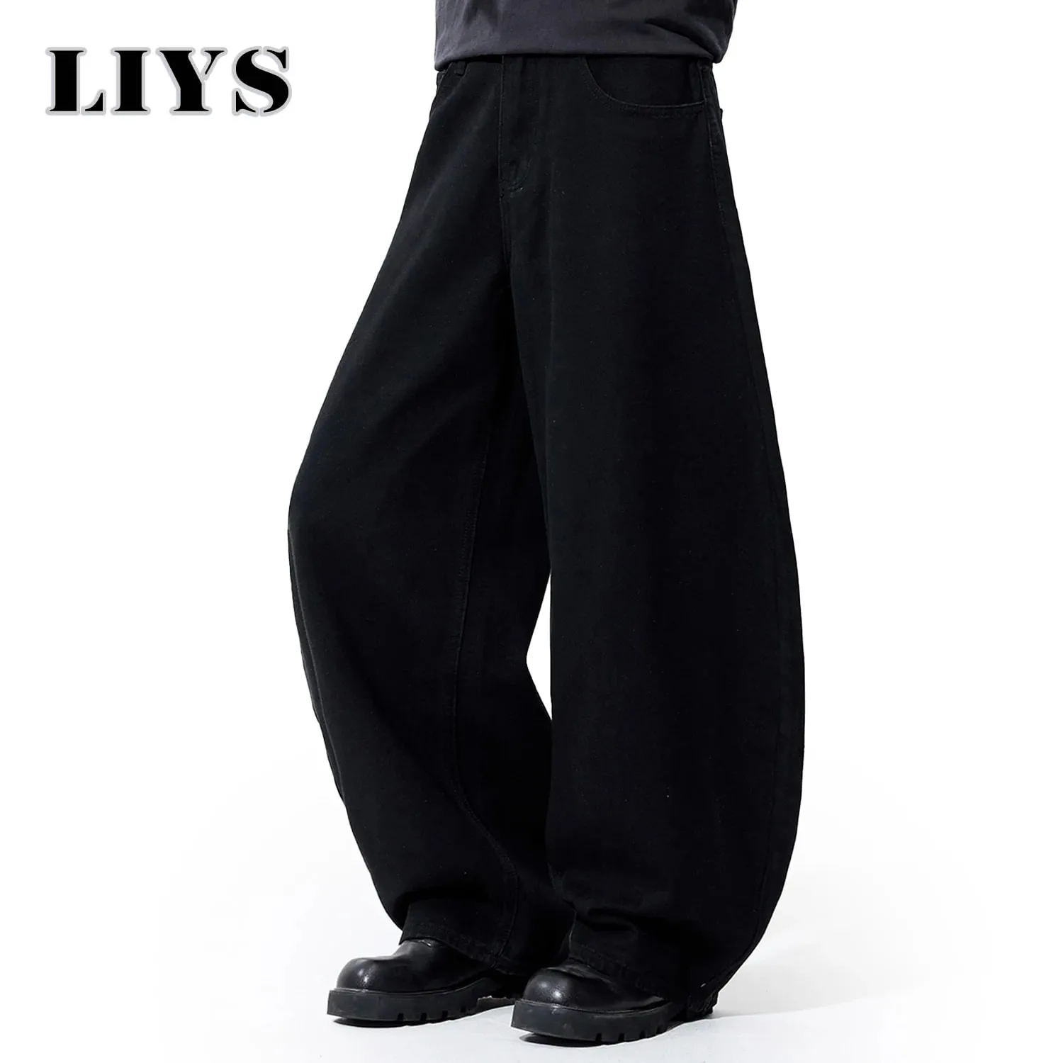 Liys Men's Black Ultra Wide Leg Jeans Baggy Fitting Denim Pants Man Solid Streetwear Daily Casual Fashion Lantern Balloon Jeans — image 3