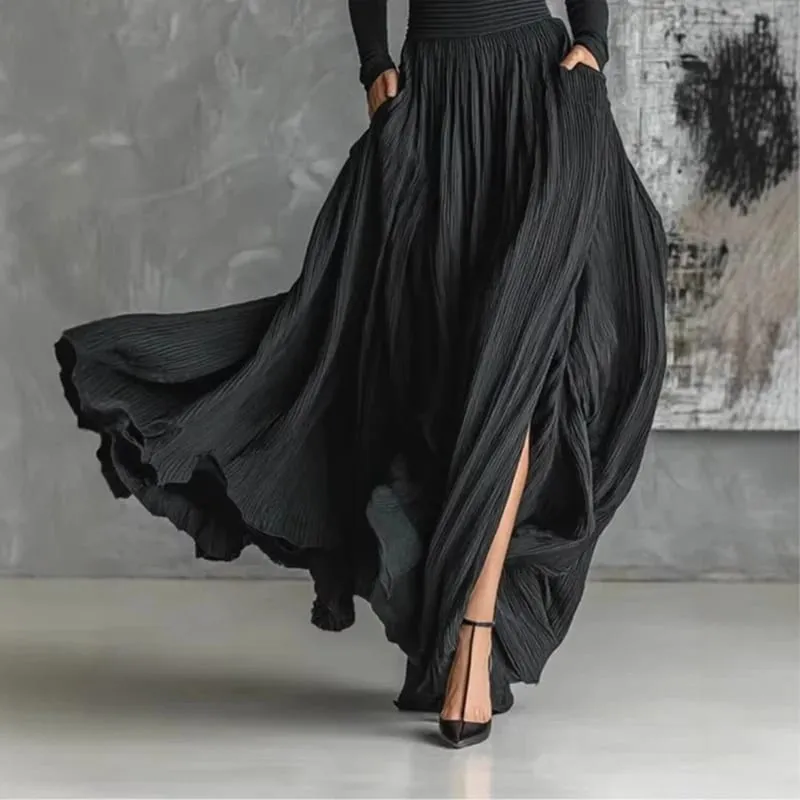 ฝรั่งเศส Elegant 2 ชิ้นชุดกระโปรงสำหรับสตรีกระเป๋า Solid Minimalist แยก Hem จีบสายคอเต่าวินเทจ Slim ชุด — image 6