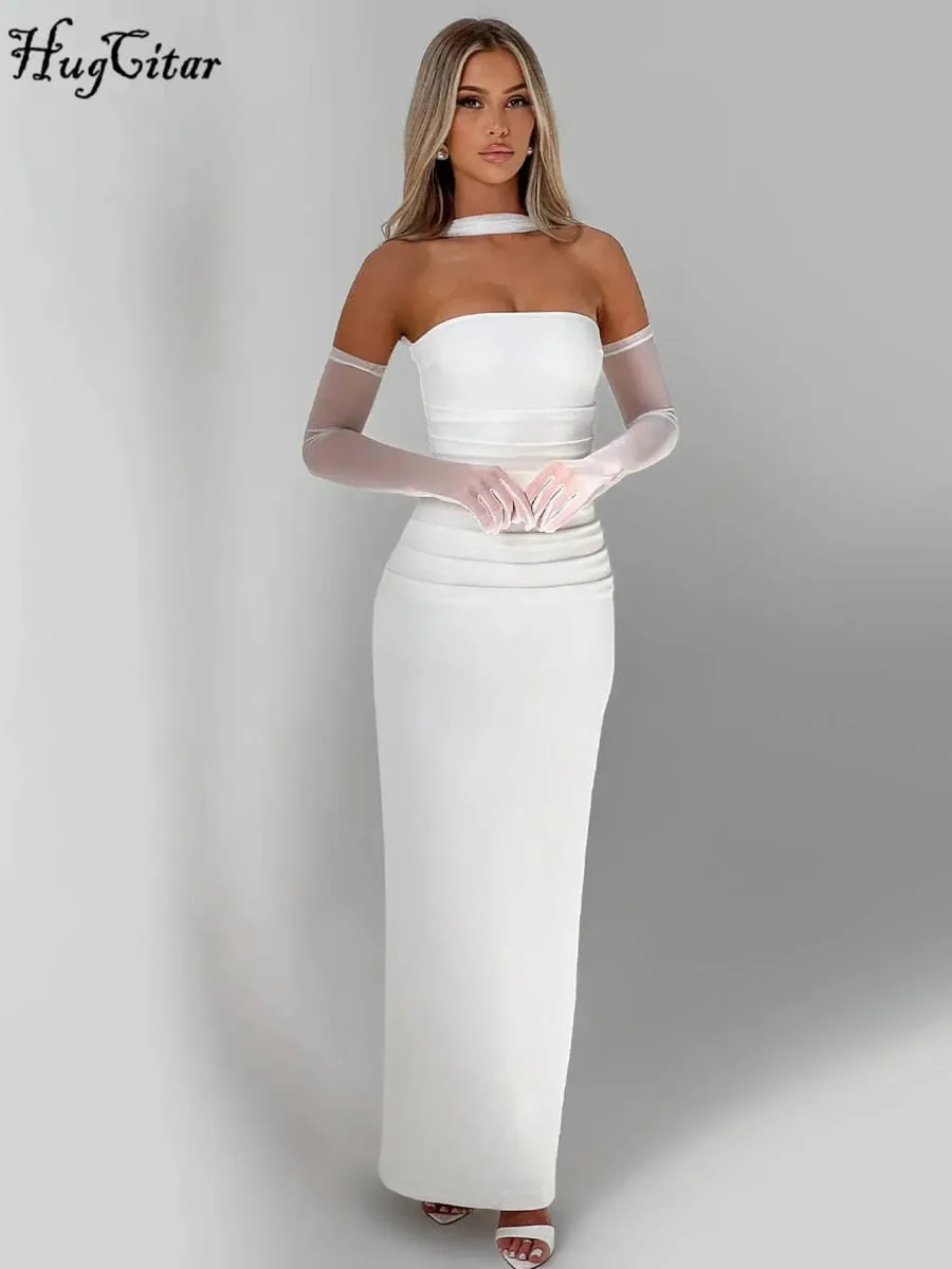 Hugcitar Eleganter Schal, trägerlos, solide Netzhandschuhe, sexy, figurbetont, Maxi-Abschlussballkleid, Damenmode, Y2K-Outfits, Hochzeit, Party, Geburtstag