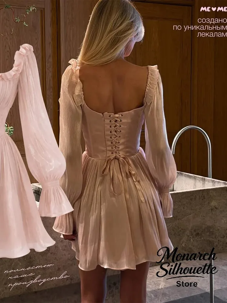 Eleganten Quadratischen Kragen Rüschen Trim Kleid Frauen Chic Feste Volle Hülsen Taille Cinching Kurze Kleider Dame Sexy Straße Roben Neue — image 5