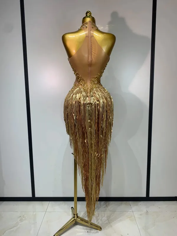 Sexet scenekostume Glitrende Rhinestone Mesh Gennemsigtige pailletter kvast Aften Fødselsdagsfest Natklub Dans Sanger Outfit — image 4