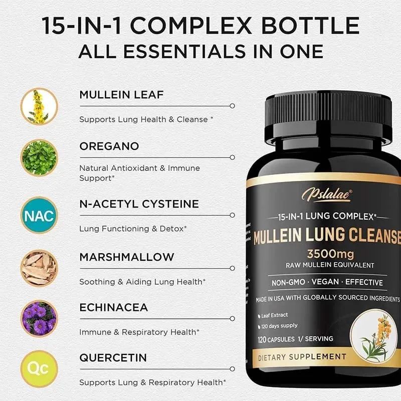 Mullein Longreiniging - Longzuivering Longgezondheid Immuniteit - Ademhalingssupplement voor rokers Vegetarische capsules — image 6