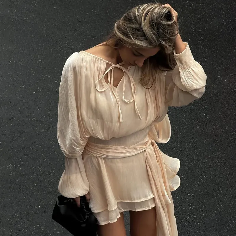 Vstupenkyx Letní lesklé Úzké plisované minišaty na jedno rameno Elegantní jednobarevné nařasené dlouhé rukávy Vestidos Dámské společenské večerní šaty — image 11