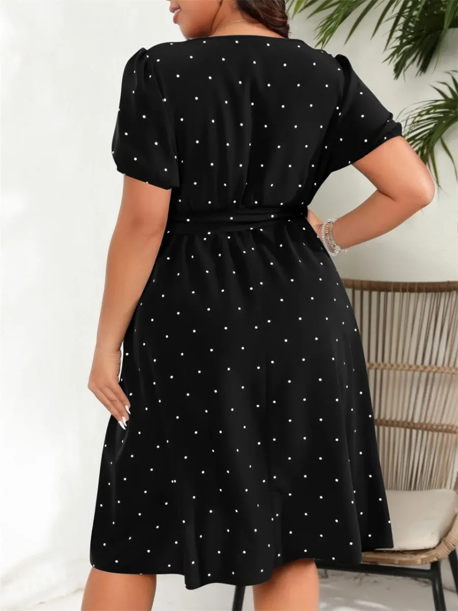 Plus Size Square Neck Polka Dot Bæltekjole Dame Elegant Retro Pufærmer Højtalje Sommer A-line Big Swing Kjoler — image 3