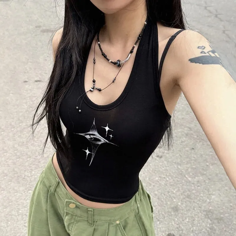 Top Women Y2k Devil's Eyes Retro Print Hanging Neck Suspender Vest Women's Summer Korean Fashion Slim And Slimming Short Top