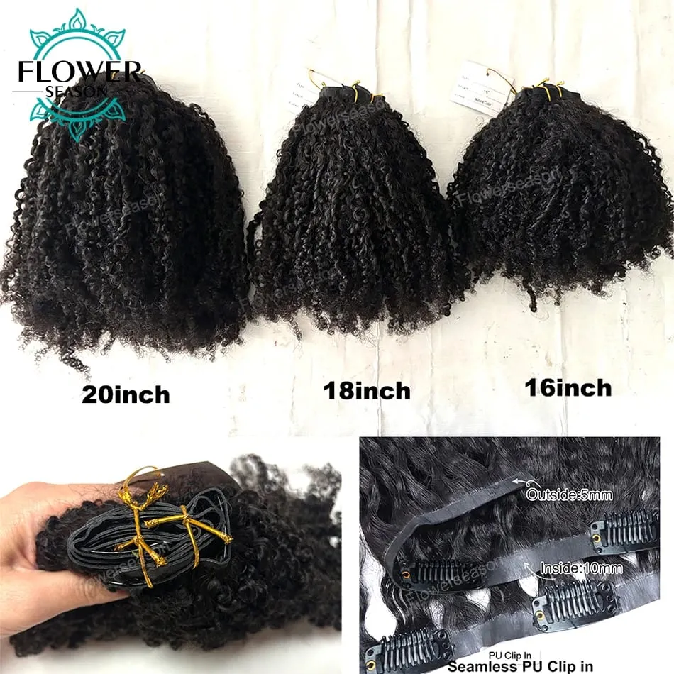Afro Kinky Curly Clip ins Hair Extensions Human Hair Seamless PU Clip in Hair Skin Weft 7pcs /set 120g Full Head for Black Wome