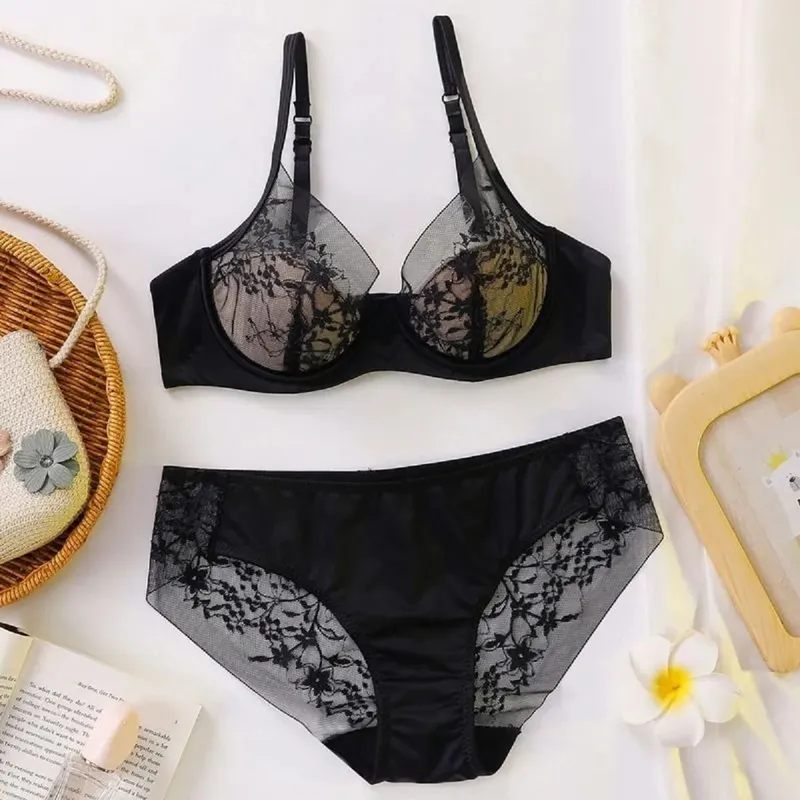 여성 브래지어와 팬티 세트 우아한 레이스 Bralette 무선 삼각형 컵 없음 Underwire 속옷 얇은 모여 컴포트 란제리 세트 — image 7
