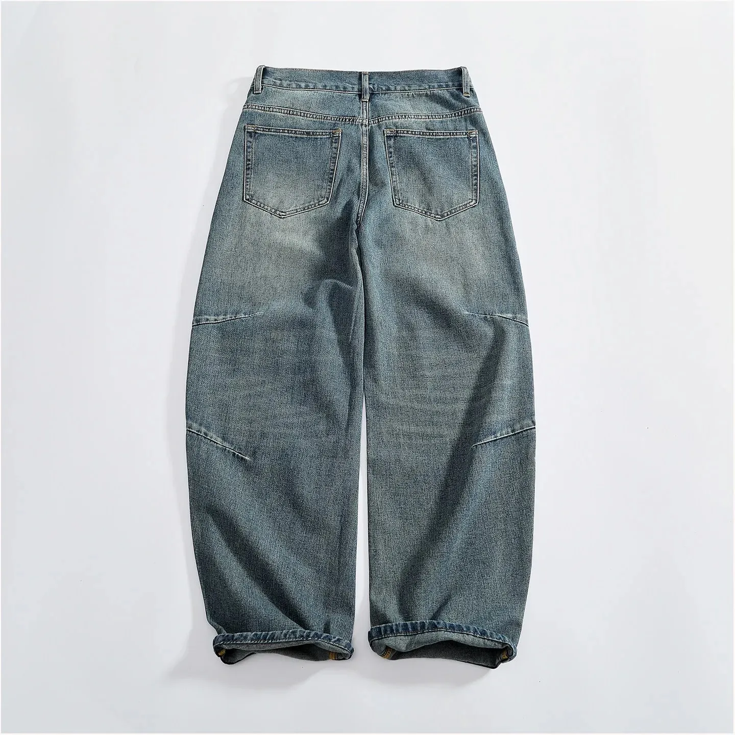 Retro distressed whiskering jeans for men three-dimensional split silhouette wide-leg loose denim trousers — image 3
