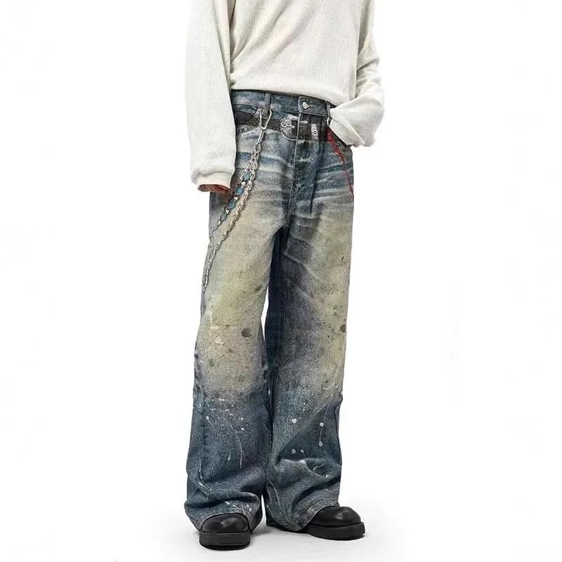 Niche Design Men's Denim Pants Chain Printing Contrast Color Splash-ink Casual Wide Leg Vintage Loose Male Jeans 9W4170 — image 4