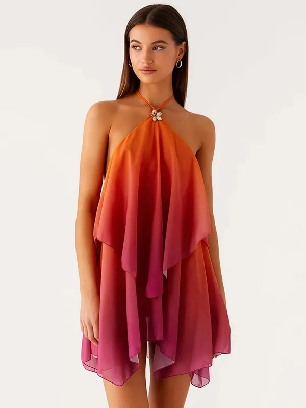 Mozision Gradient Halter Backless ชุดมินิเซ็กซี่ผู้หญิงชุด Elegant ตาข่ายซิป Off-ไหล่แขนกุด Club Party Dresses