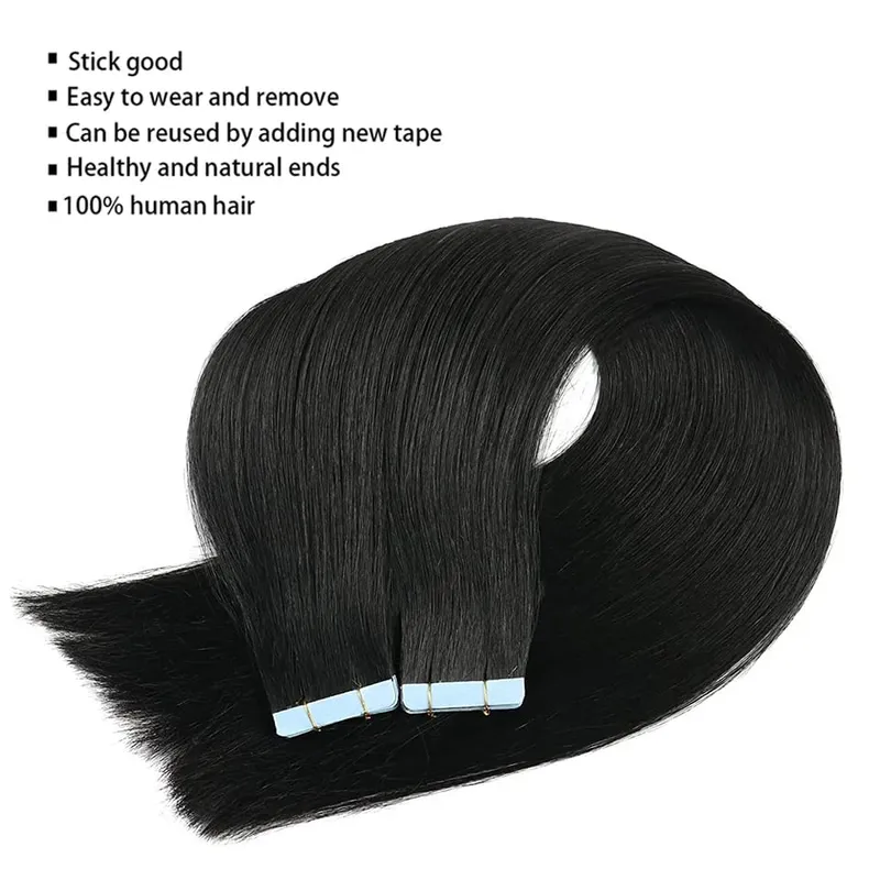 Tape In Straight Human Hair Extensions Brazilian Hair Adhesive Extensions Skin Weft Black Brown 100% Real Human Hair for Women — image 3