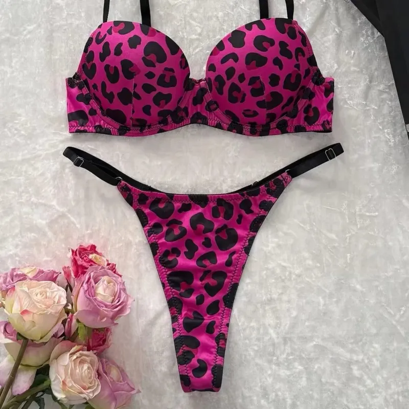Sexy Leopard Print Bra And Panties Set Comfortable Push Up Lingerie Set