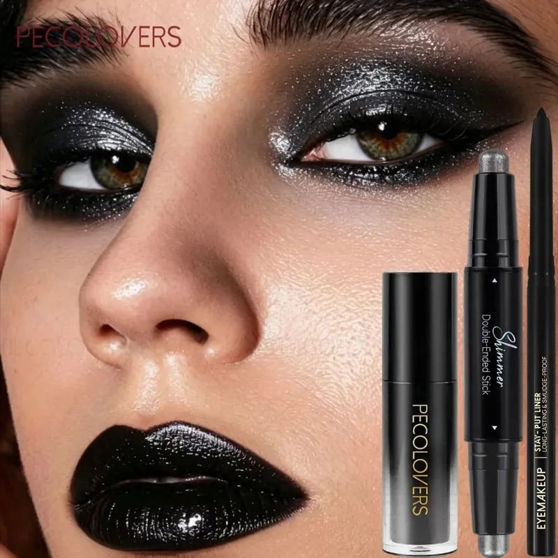 3PCS/SET Matte Lipstick+Black Eyeliner+Shiny Eyeshadow Pen Match to Create a Black Punk Makeup Long Lasting Halloween/Parties — image 2