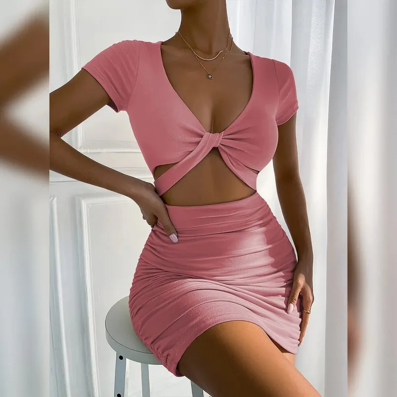 2022 여름 V 넥 중공 크로스 Bodycon 드레스 여성 솔리드 백리스 셔링 섹시한 미니 드레스 Y2k 파티 클럽 우아한 드레스 — image 4