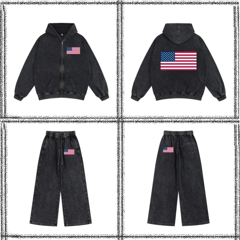 Wax Dyed Wool Zipper Hooded Sweatshirt Pants Set Custom Logo Printing Embroidery Retro Washed Old Street Set — image 19