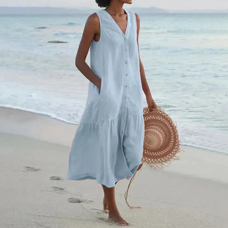 Musim Panas Longgar Kasual Patchwork Cotton Linen Pocktes Gaun V Leher Gaya Pantai Gaun Tanpa Lengan Vintage Club Midi Solid Wanita Pakaian — image 8