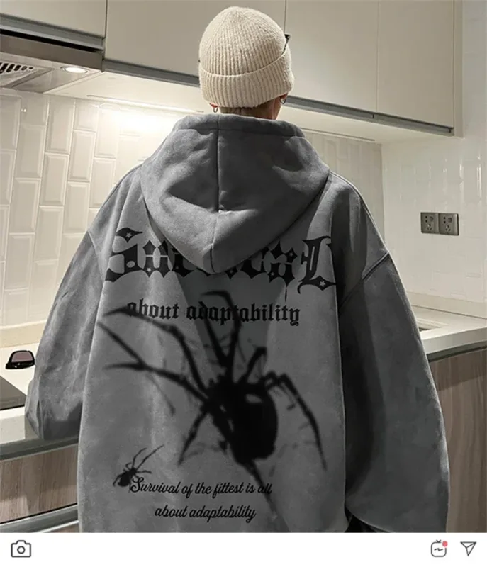 Autumn Gothic Spider Printed Hooded Sweatshirts Hombre Harajuku Streetwear Graphic Suede Hoodies Aesthetic Oversized Y2K Hoody