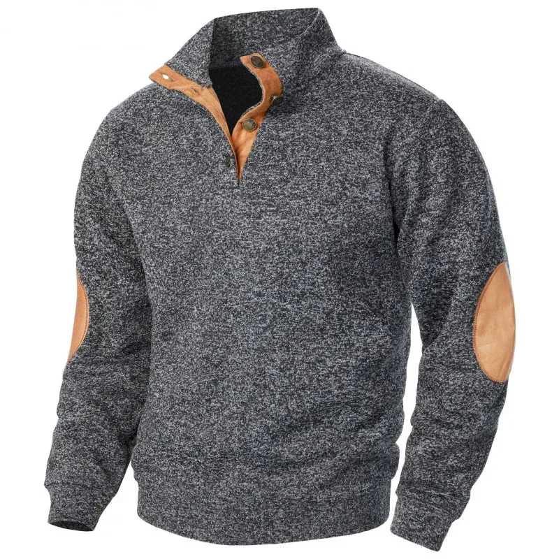 Men's Autumn Sweatshirt Patchwork Contrast Color Hoodies Stand Collar Men Botton Down Vintage Pullovers — image 10