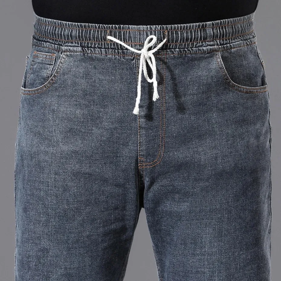 8XL Plus Size Jeans Men Solid Color Denim Pants Male Fashion Casual Baggy Jeans Elastic Waist Straight Pants
