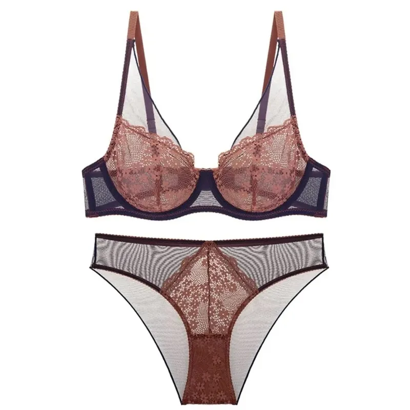 French Vintage Mesh Lace Flower Bra Set Brassiere Lingerie Mesh Bra Panties Kit Thin Seamless Push Up Bra Women Home