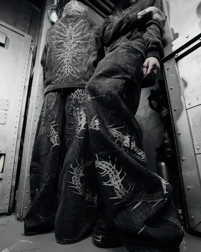 90s Gothic Centipede Embroidery Washed Oversized Wide-Leg Pants Jeans Men Y2K New Harajuku Punk Hip-Hop Rock Couple Street Wear — image 4