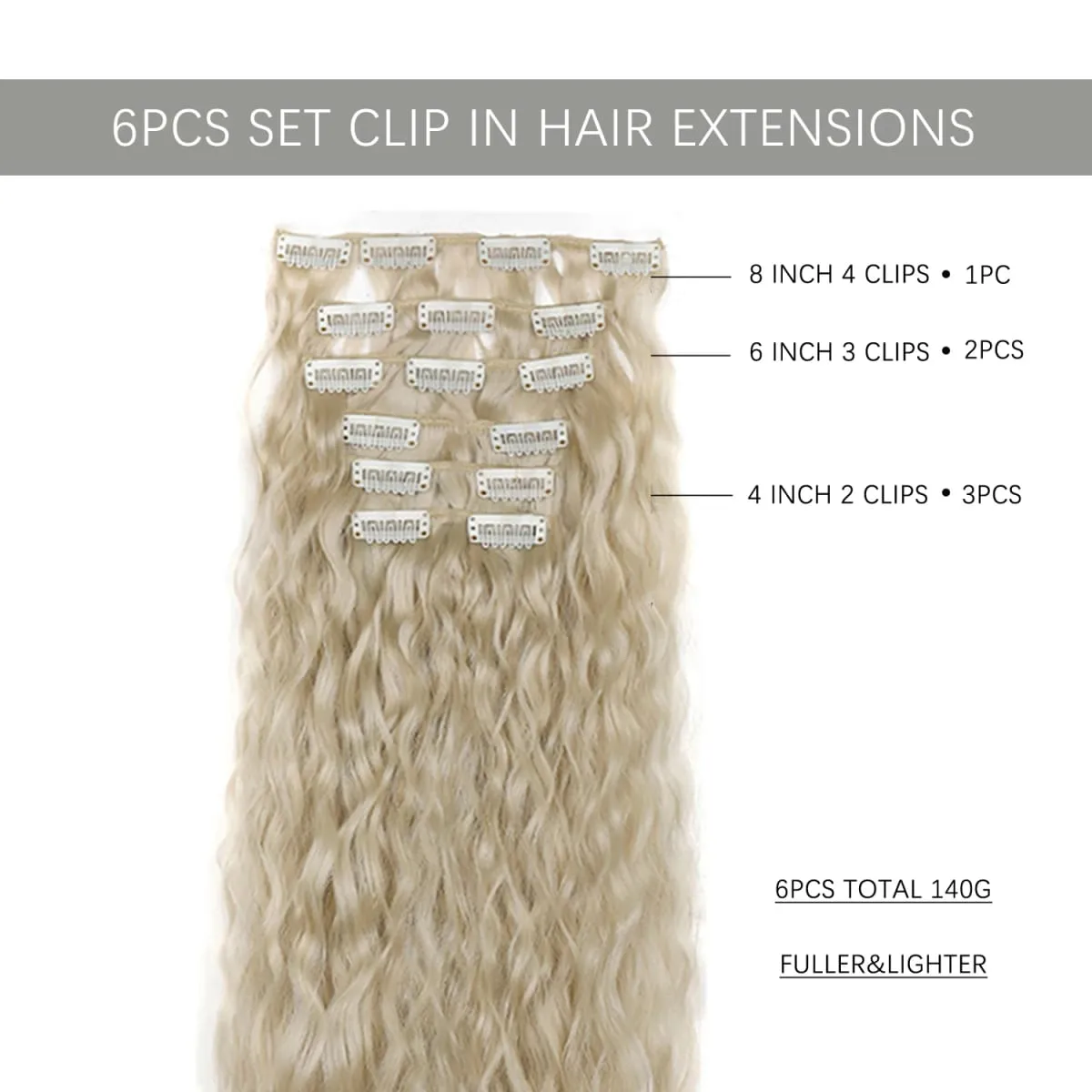 6PCS Clip In Hair Extensions Water Wave 20inch Long Synthetic Clip On Hairpiece Corn Wavy Style For Women Girls Daily Party